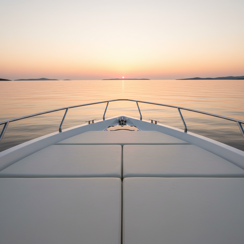 A tranquil sunrise view from the bow of a mini-yacht facing outward, with the pointed white bow centered in the frame and leading the eye toward the soft pink and gold horizon above the Adriatic near Hvar. Smooth, pale cushions line the foredeck, and a sleek stainless-steel rail traces the edges, lightly catching the early light. The sea is glassy and reflective, mirroring pastel sky tones and the distant silhouette of low islands. Photographic realism, shot from a low, forward-facing perspective with strong leading lines and sharp focus throughout, evoking a sense of anticipation, calm, and the sophisticated promise of a bespoke day on the water.