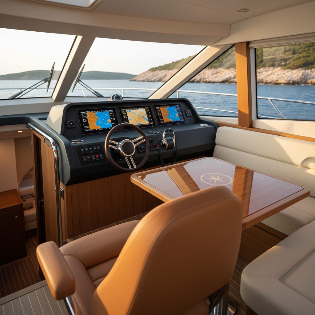 The interior helm and lounge area of a modern mini-yacht, featuring a stitched tan leather captain’s chair, a sleek matte-black dashboard with illuminated navigation screens, and a large leather-wrapped steering wheel. Opposite, a built-in L-shaped sofa in soft cream upholstery hugs a glossy teak table inlaid with a subtle compass rose. Large wraparound windows frame a cinematic view of Hvar’s coastline and open sea, with late afternoon sun streaming in, creating warm highlights on chrome details. Photographic realism, shot from just behind the helm with a shallow depth of field, evoking a refined, tech-forward yet inviting atmosphere ideal for tailored private routes.