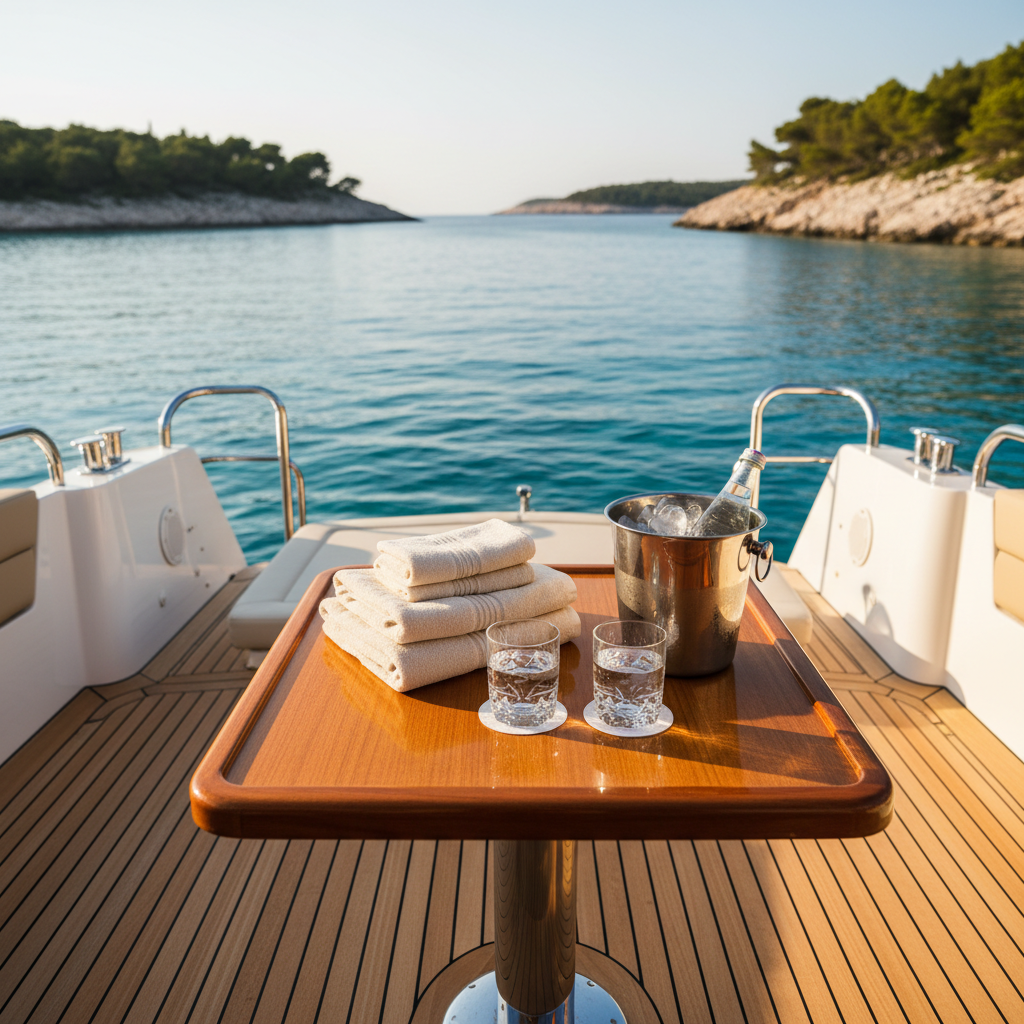 The teak aft deck of a private mini-yacht moored in a quiet Hvar cove, with a low table set with sparkling mineral water in crystal-clear glasses, a silver ice bucket, and neatly folded ivory towels. The Adriatic stretches out beyond in deep blue and turquoise gradients, framed by low pine-covered islands and pale limestone cliffs. Late afternoon sunlight creates soft, elongated shadows and a warm glow on the teak grain. Photographic realism, shot from eye level toward the open sea using the rule of thirds, with sharp foreground details and a gently softened background, conveying understated elegance and relaxed, high-end comfort.