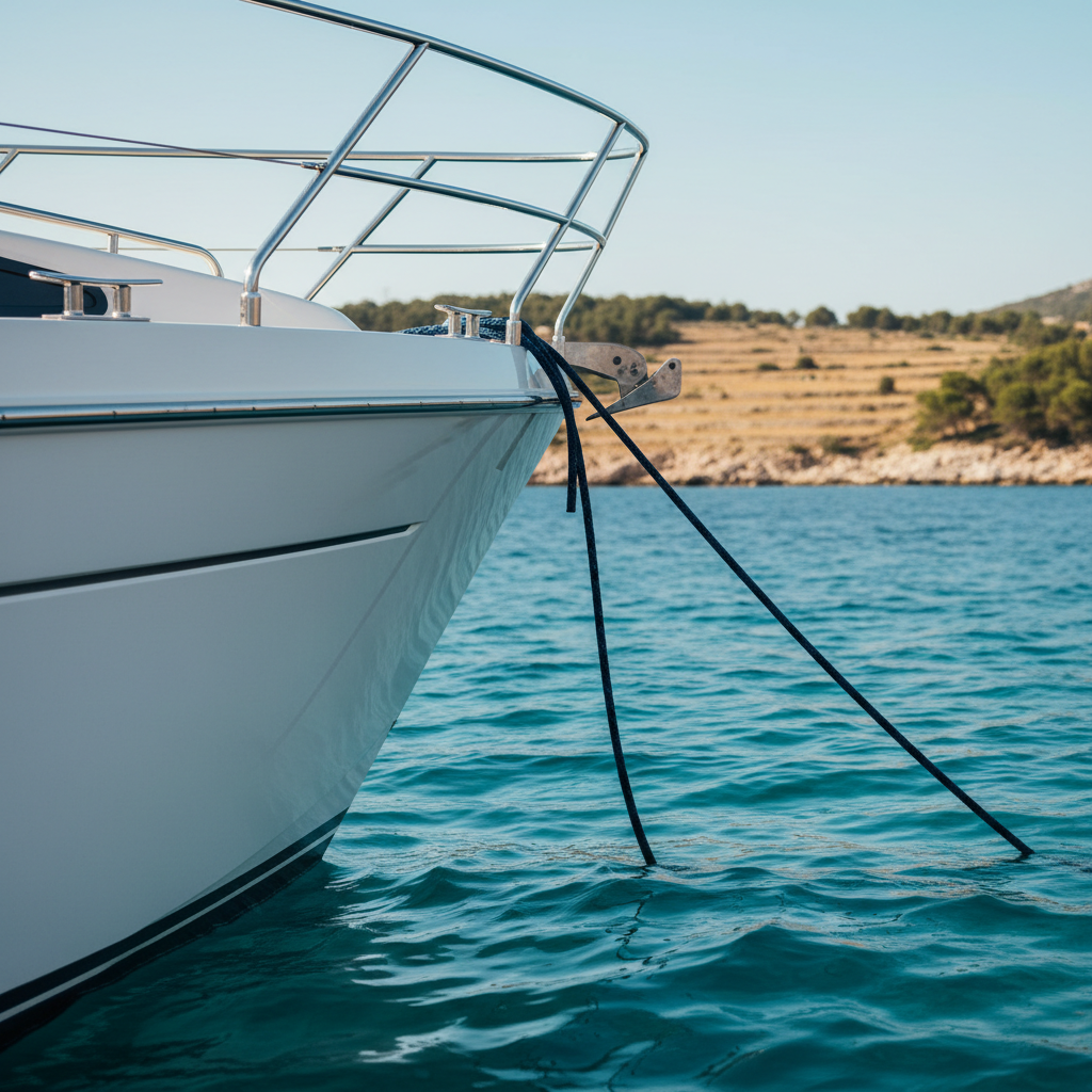 A minimalist, close-up detail of a luxury mini-yacht’s bow at anchor near Hvar, focusing on the intersection of polished stainless-steel railings, taut navy mooring lines, and the smooth, gleaming white hull. Below, the Adriatic water shifts between deep sapphire and translucent turquoise, with soft ripples catching the sunlight. The far shore with stone terraces and scattered pines is rendered as a gentle blur. Photographic realism with a clean, modern aesthetic, shot from a low, side angle emphasizing lines, reflections, and materials. The mood is sophisticated and calm, highlighting craftsmanship and the understated elegance of private yacht charter on the Croatian coast.